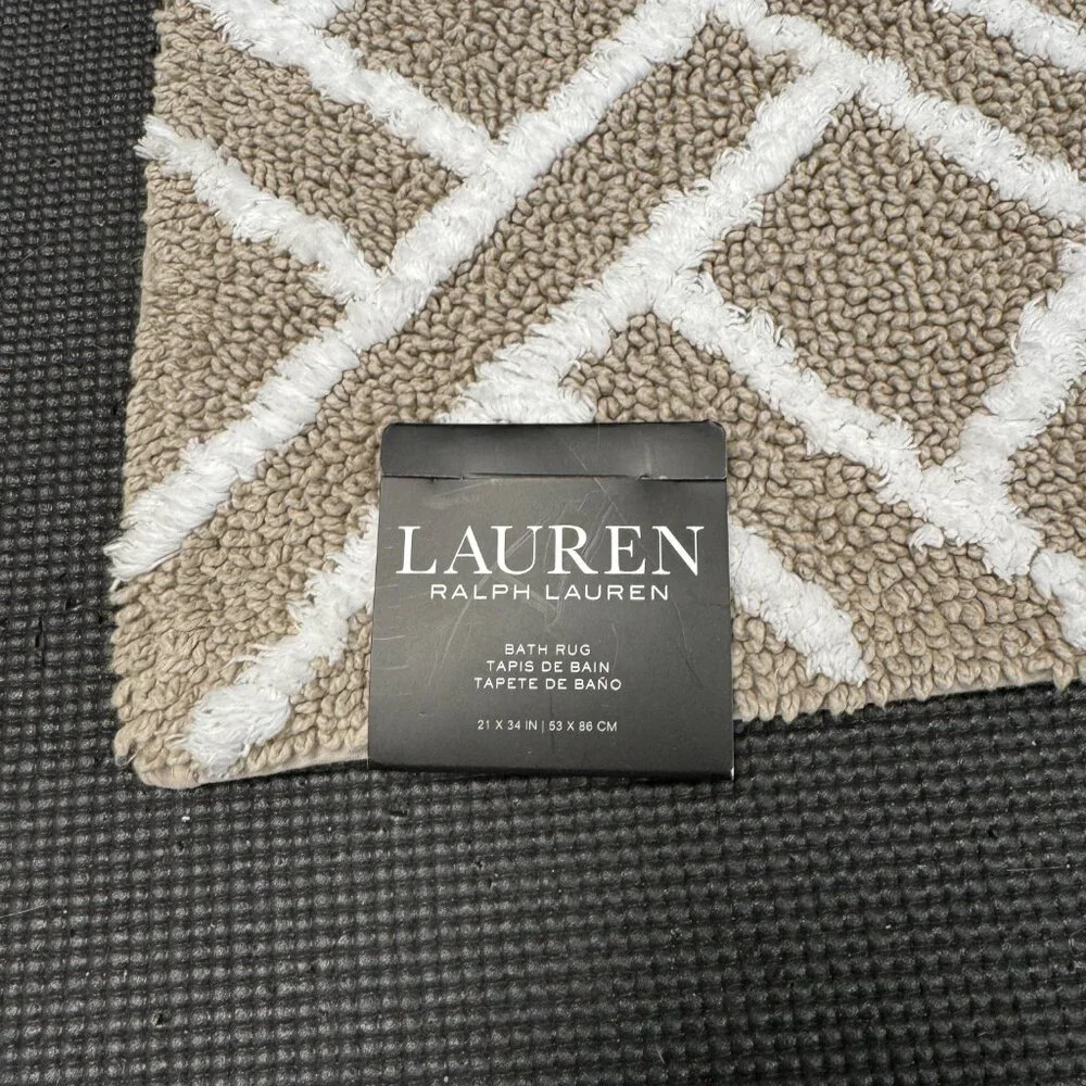 Ralph Lauren 21 x 34 Bath Rug Mat Cotton Beige Tan Geometric Striped Diamonds